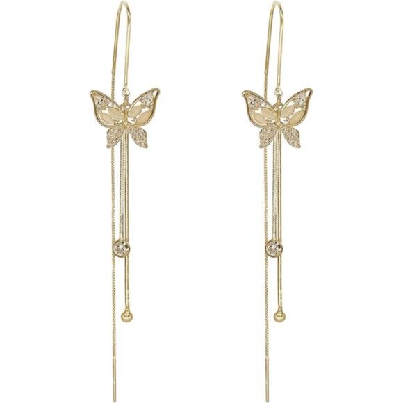 Long Gold Threader Tassel Earrings Dainty Rhinestone Butterfly Heart Drop Jewel - Picture 7 of 7